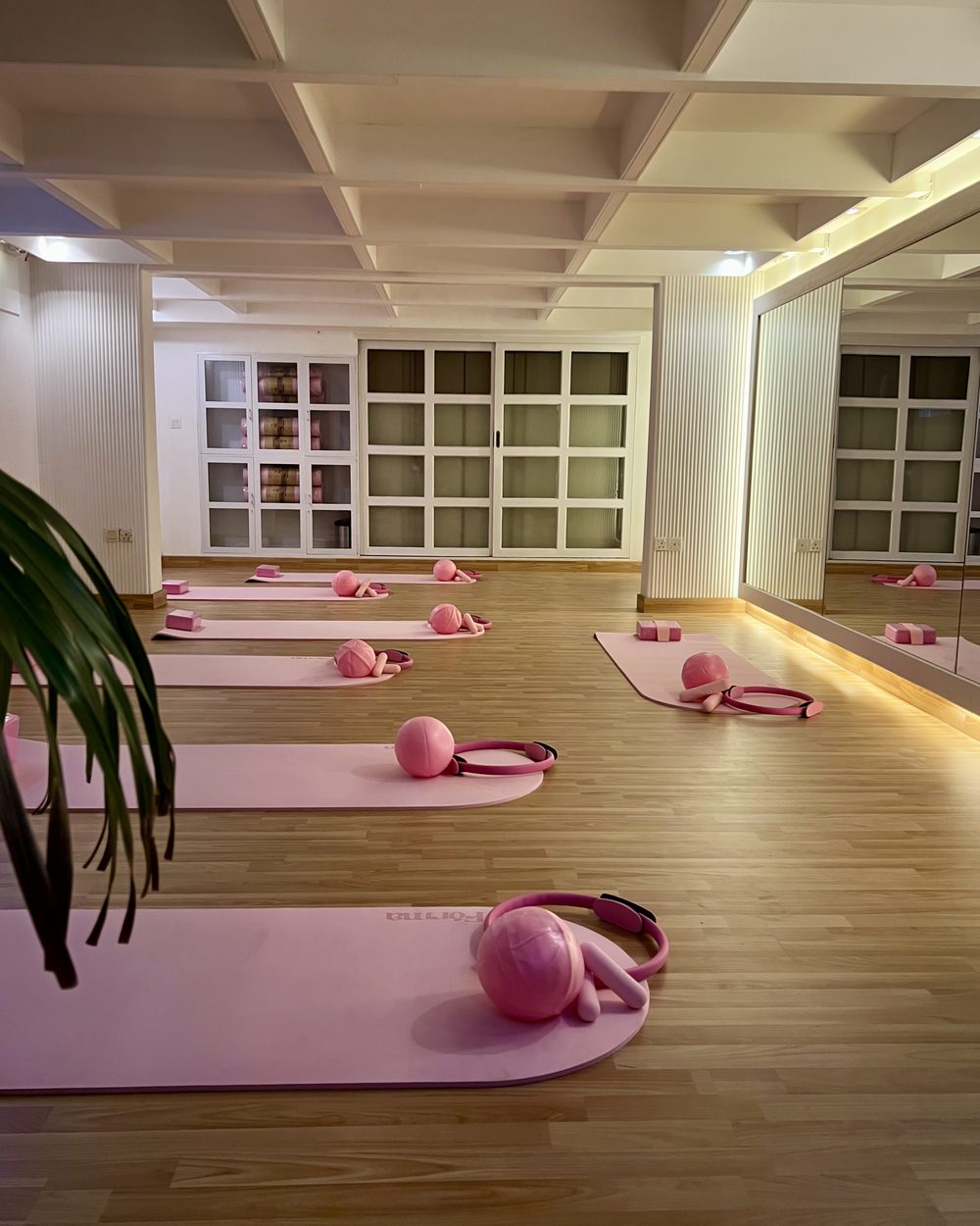 The studio set up for class: pink mats, rings and balls on a wooden floor