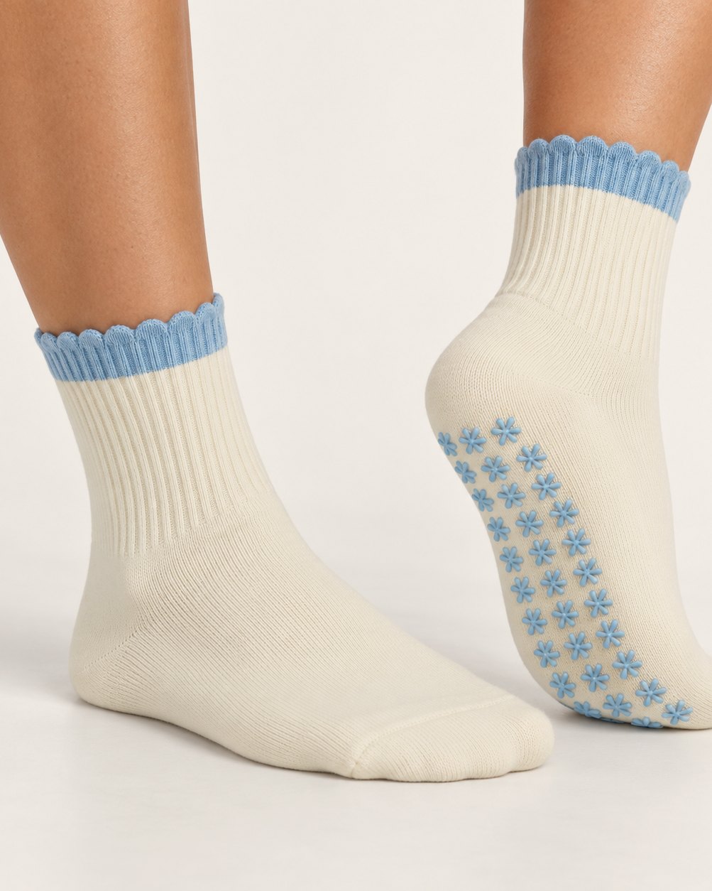 Scallop Sky Grip Socks, worn